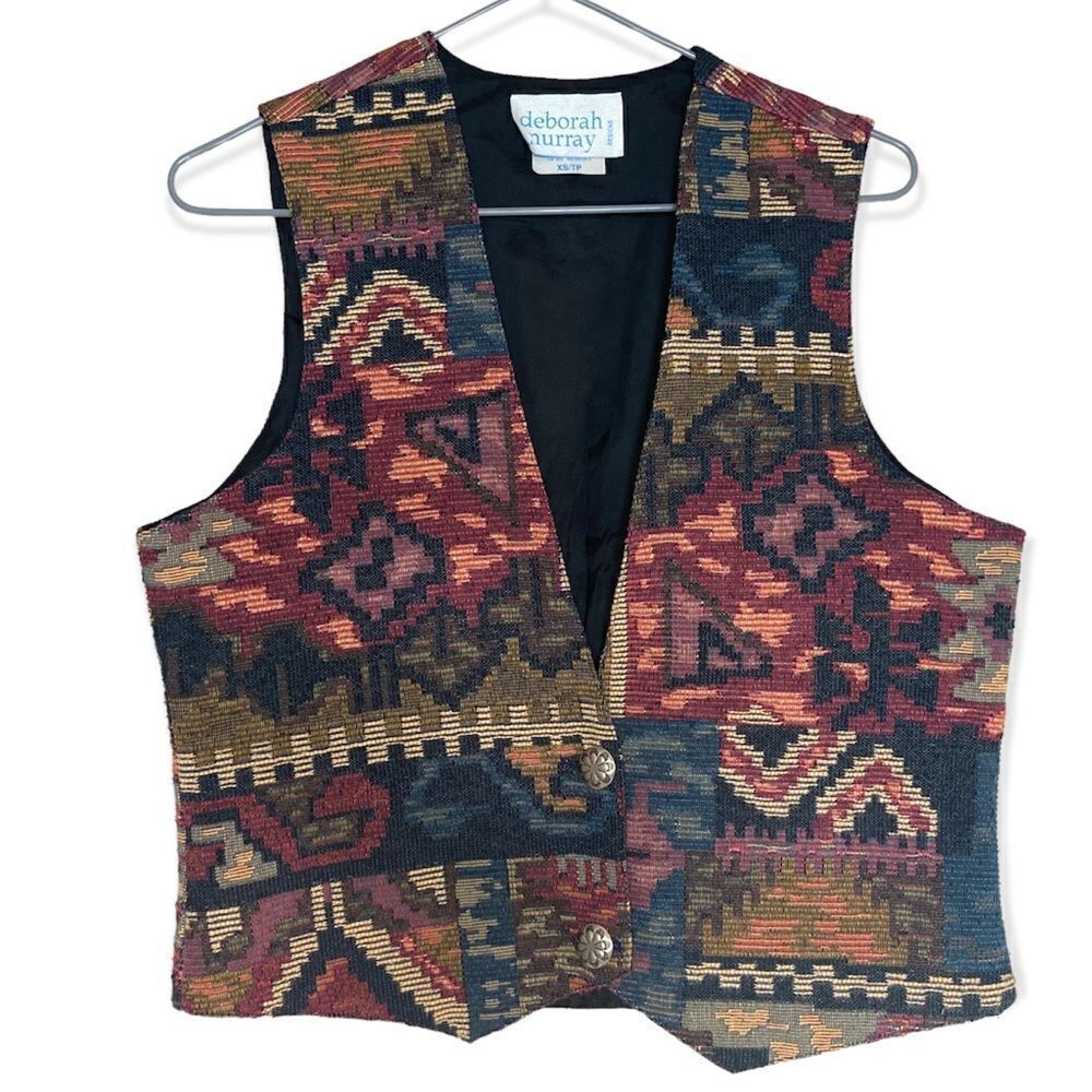 Vintage | Deborah Murray Multicolour Tapestry V-Neck Quilted Vest Size XS
